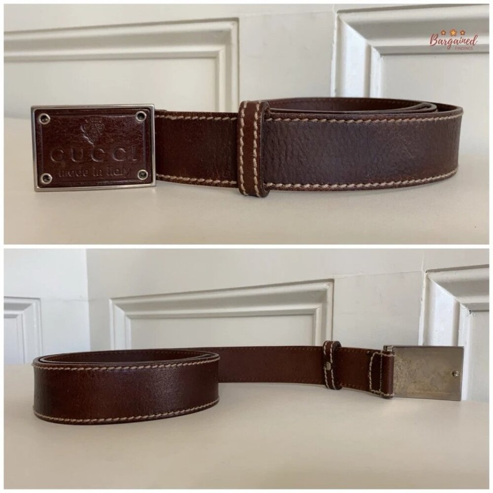 Authentic Gucci Brown Leather Crest Logo Plaque Men's Buckle Belt Size 90/36 - Picture 10 of 13